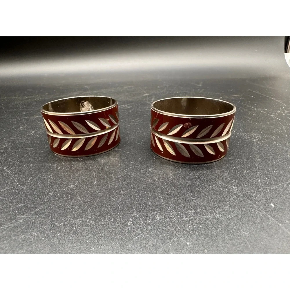 Vintage Enamel Napkin Rings Pair Chocolate Brown Leaf Silver Tone Table Decor